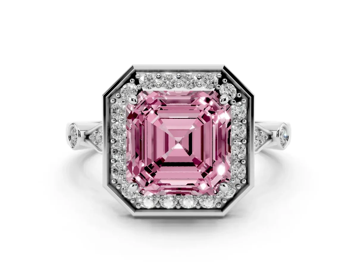 Fancy Pink Asscher Cut Diamond Halo Engagement Ring Set in Platinum with Twisted Band and Prong Setting