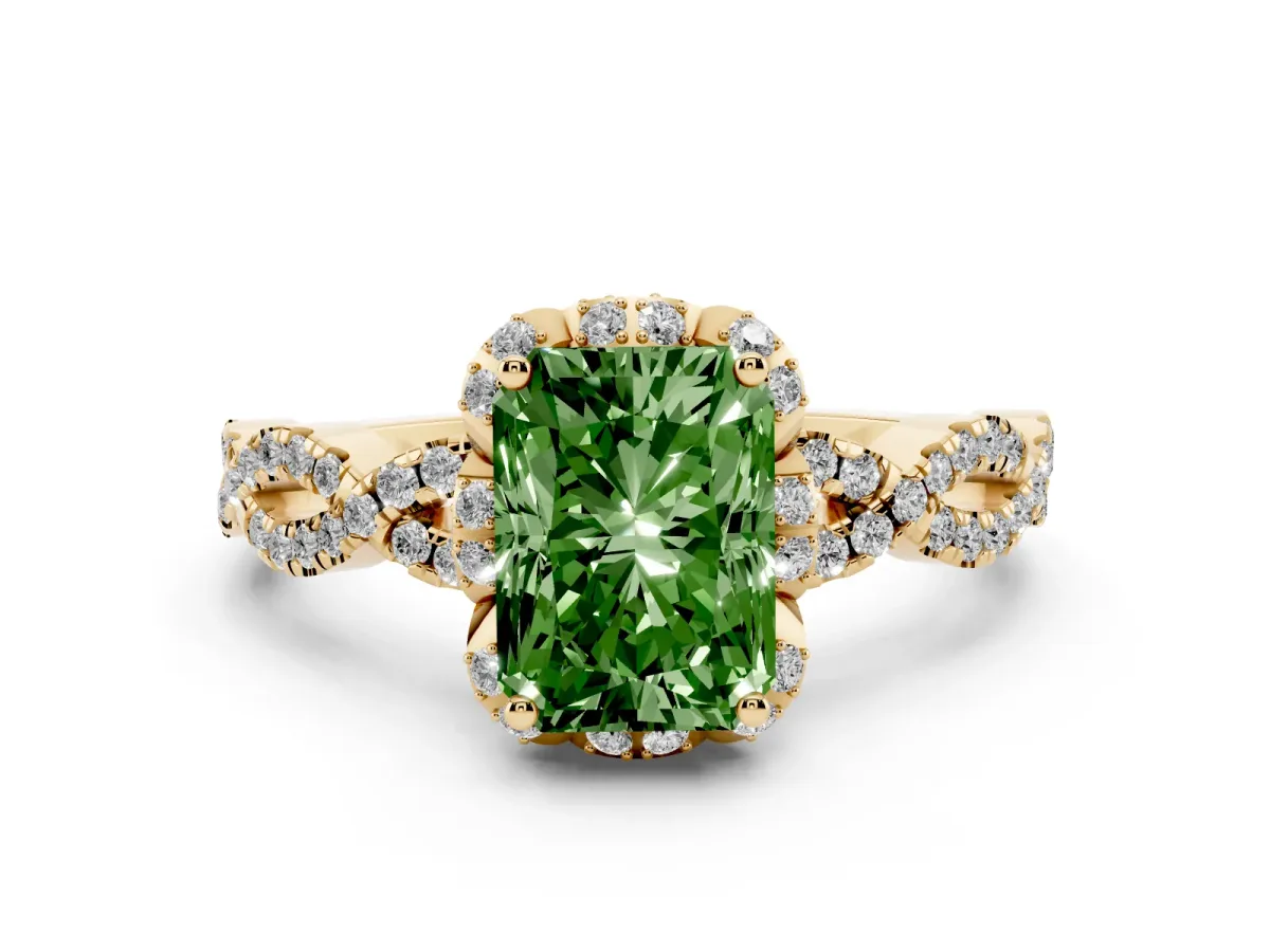 Fancy Green Radiant Cut Diamond Halo Twist Band Solitaire Ring Set in Yellow gold with Prong-Set Center Stone