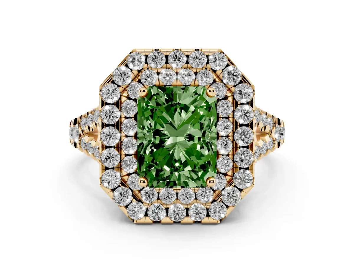 Fancy Green Radiant Cut Diamond Double Halo Ring Set in Yellow gold with Pavé Split Shank and Prong Setting
