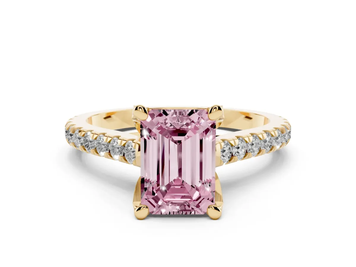 Fancy Pink Emerald Cut Diamond Solitaire Ring Set in Yellow gold with Brilliant Pavé Band and Prong Setting