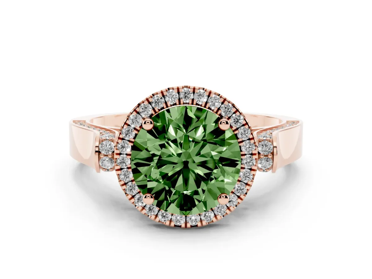 Fancy Green Round Cut Diamond Halo Ring Set in Rose gold with Pavé-Lined Split Shank Band