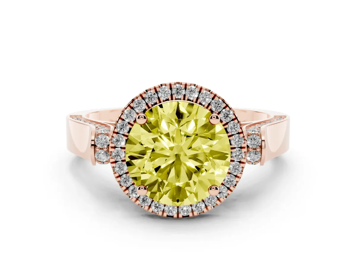 Fancy Yellow Round Cut Diamond Halo Ring Set in Rose gold with Pavé-Lined Split Shank Band