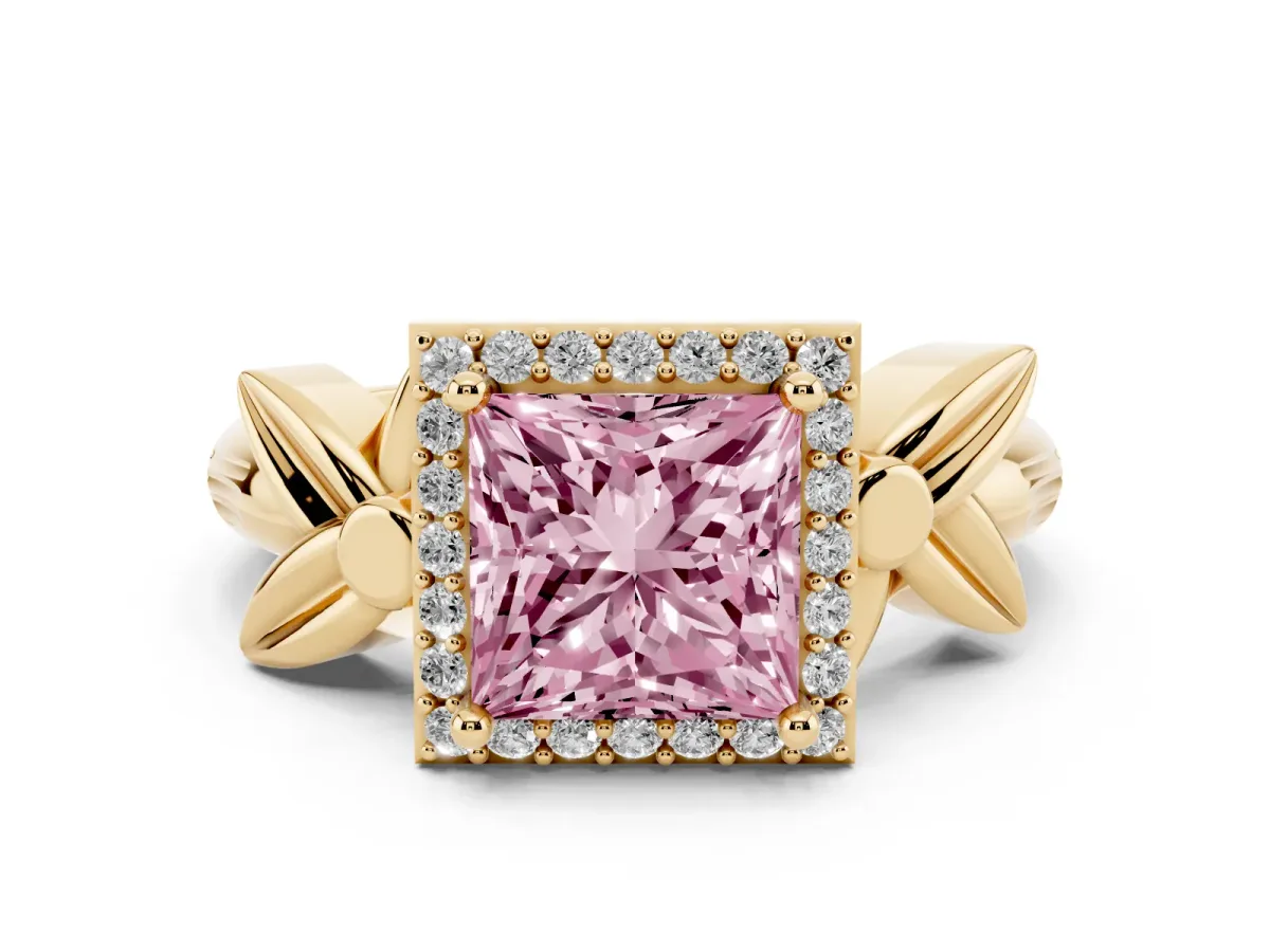 Fancy Pink Princess Cut Diamond Halo Floral Band Ring Set in Yellow gold with Prong Setting