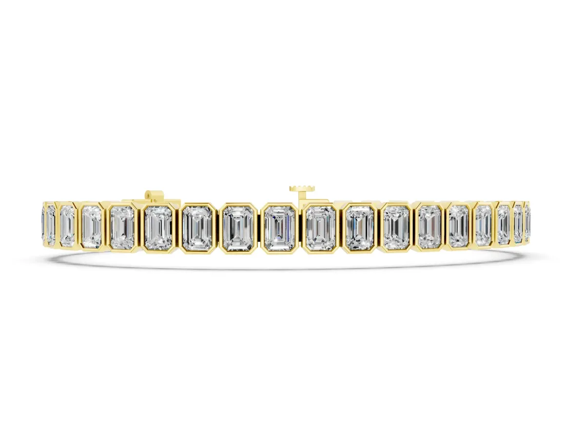 Emerald Cut Diamond Tennis Bracelet Set in Yellow gold with Bezel Setting