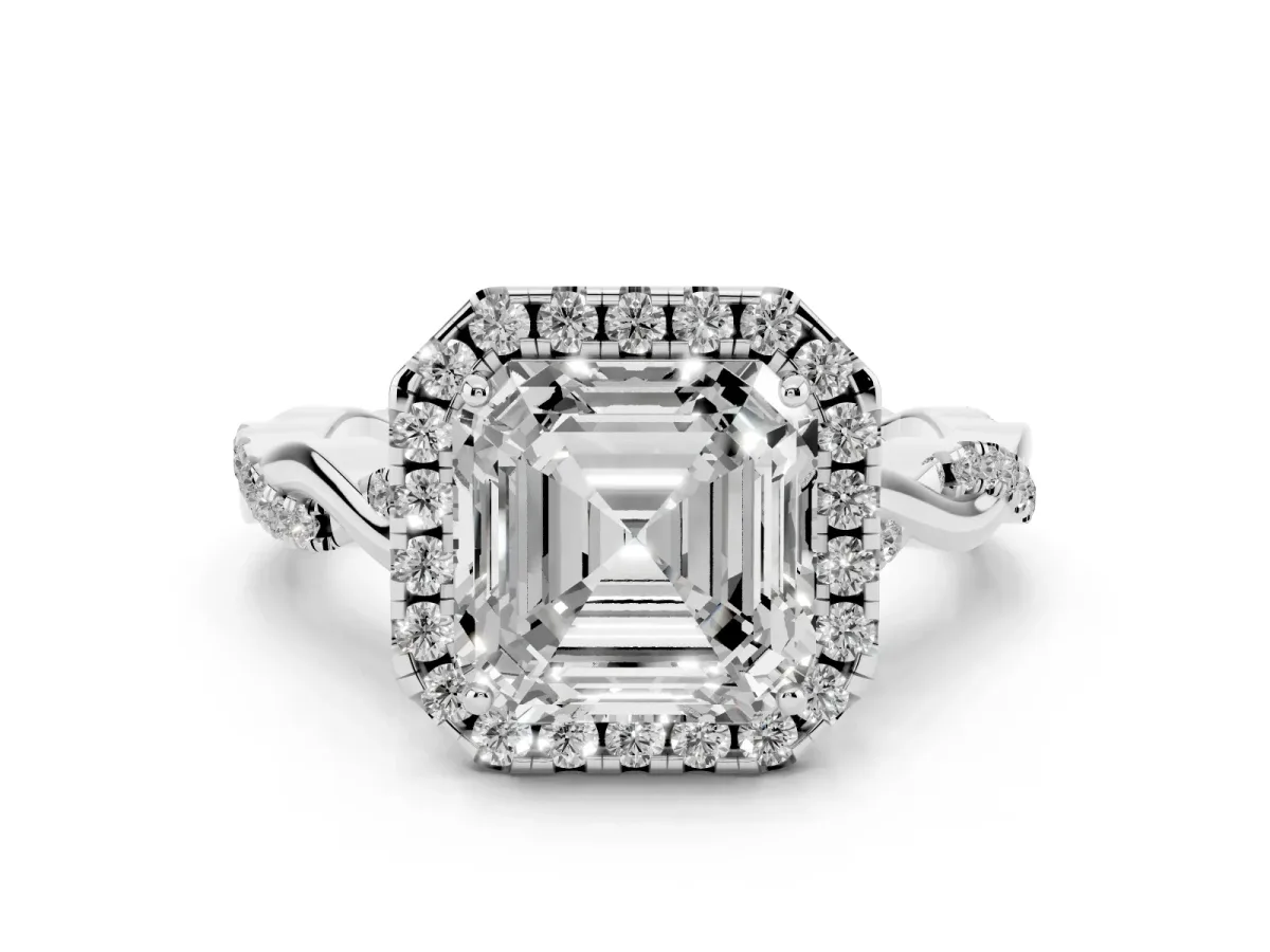 Asscher Cut Diamond Halo Twist Band Solitaire Ring Set in Platinum with Prong Setting