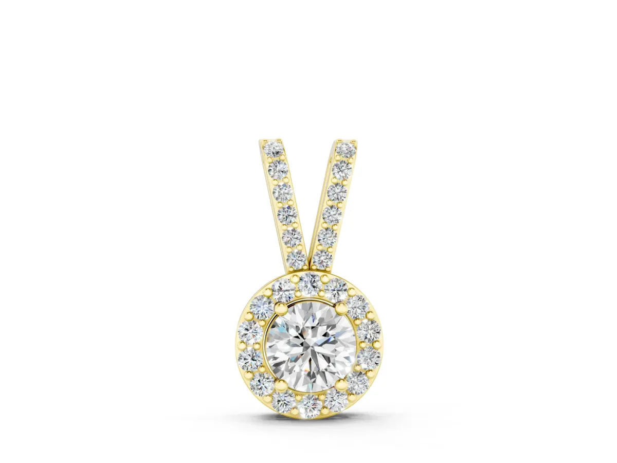 Round Halo Pendant Set in Yellow gold with Prong-Set Round Center