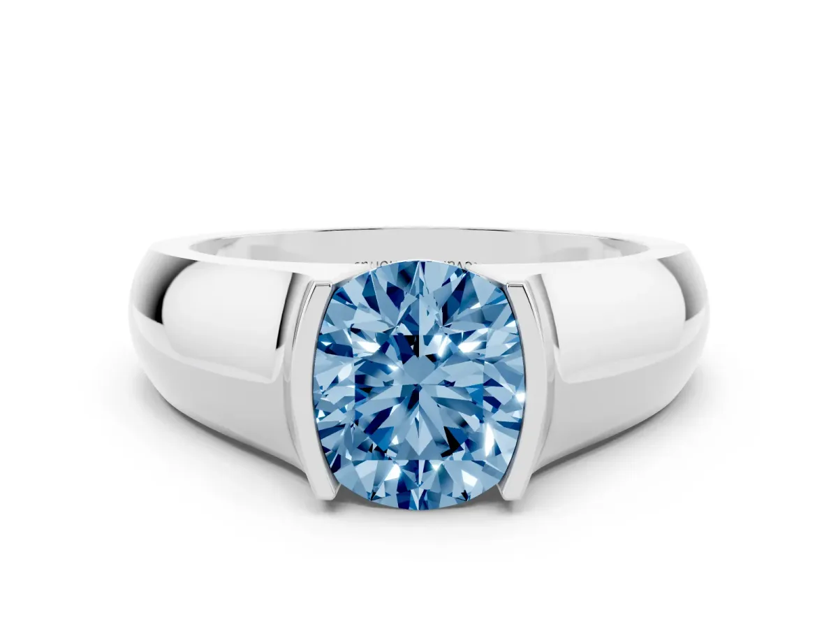 Fancy Blue Round Cut Diamond Bezel Solitaire Ring Set in Platinum with Wide Band