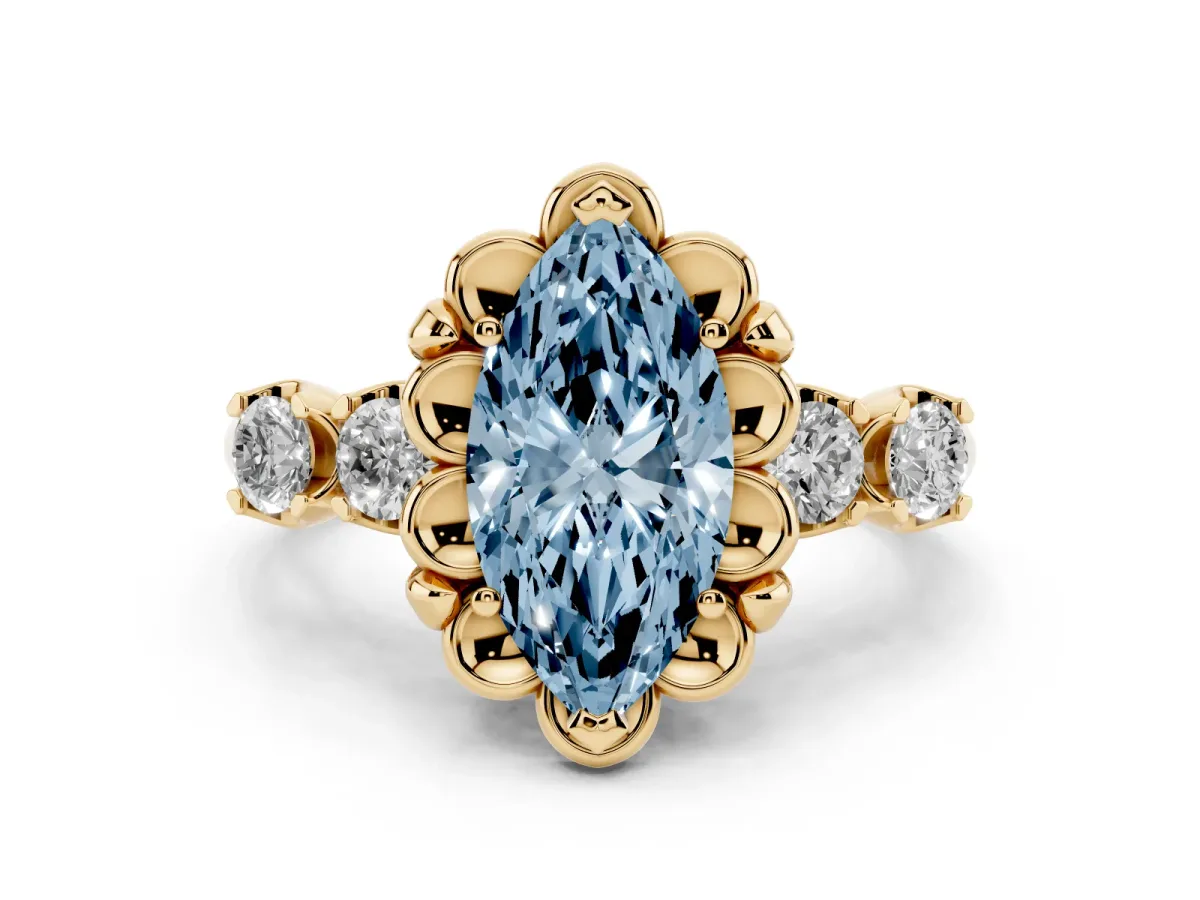 Fancy Blue Marquise Cut Diamond Floral Halo Ring Set in Yellow gold with Shared Prong Band