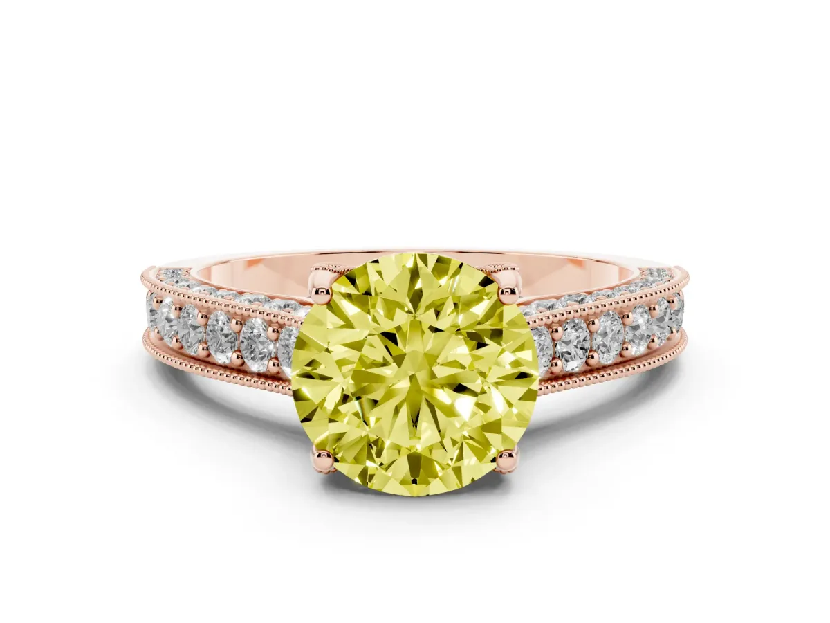 Fancy Yellow Round Cut Diamond Solitaire Ring Set in Rose gold with Milgrain-Edged Pavé Band and Prong Setting