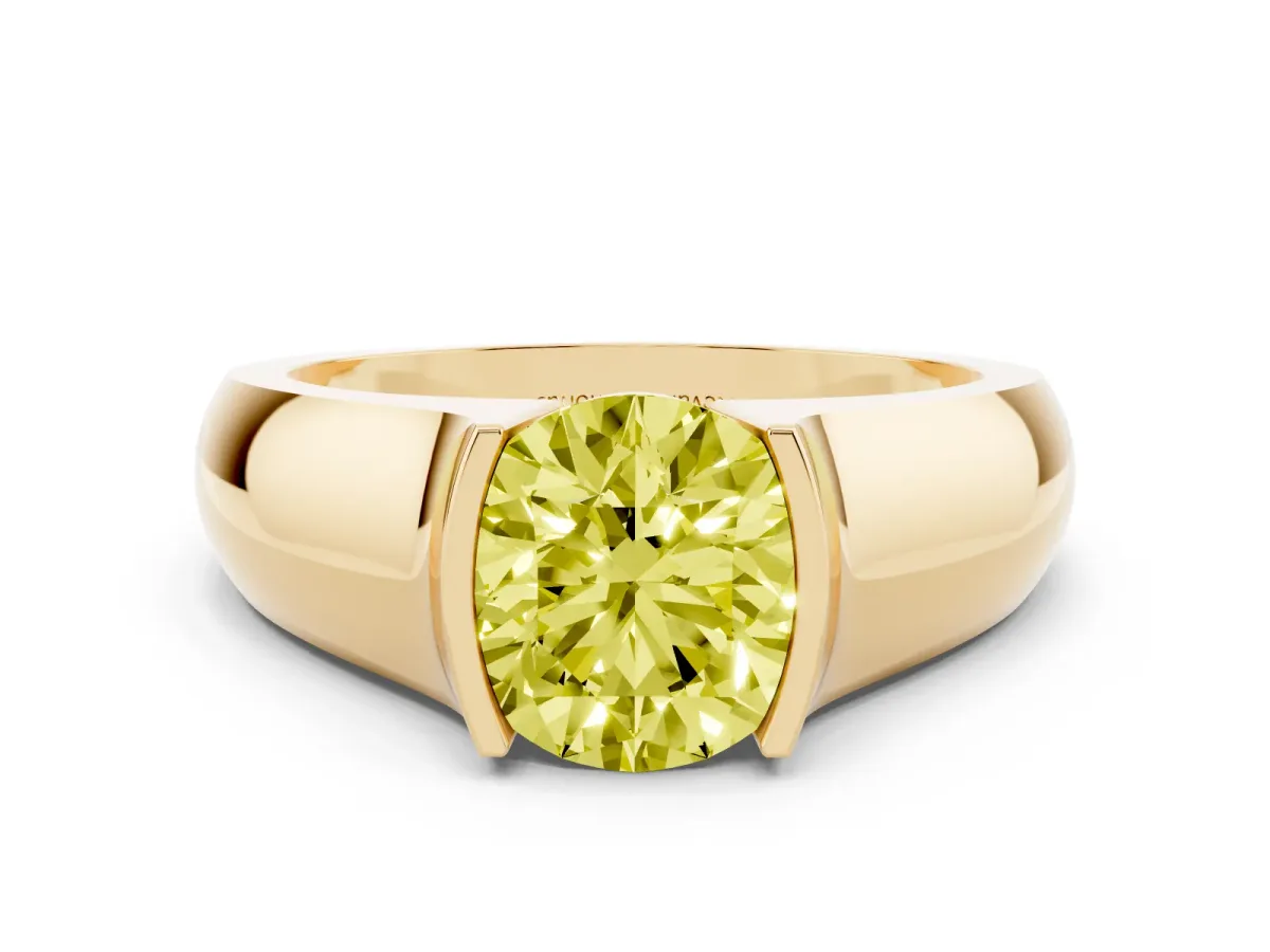 Fancy Yellow Round Cut Diamond Bezel Solitaire Ring Set in Yellow gold with Wide Band