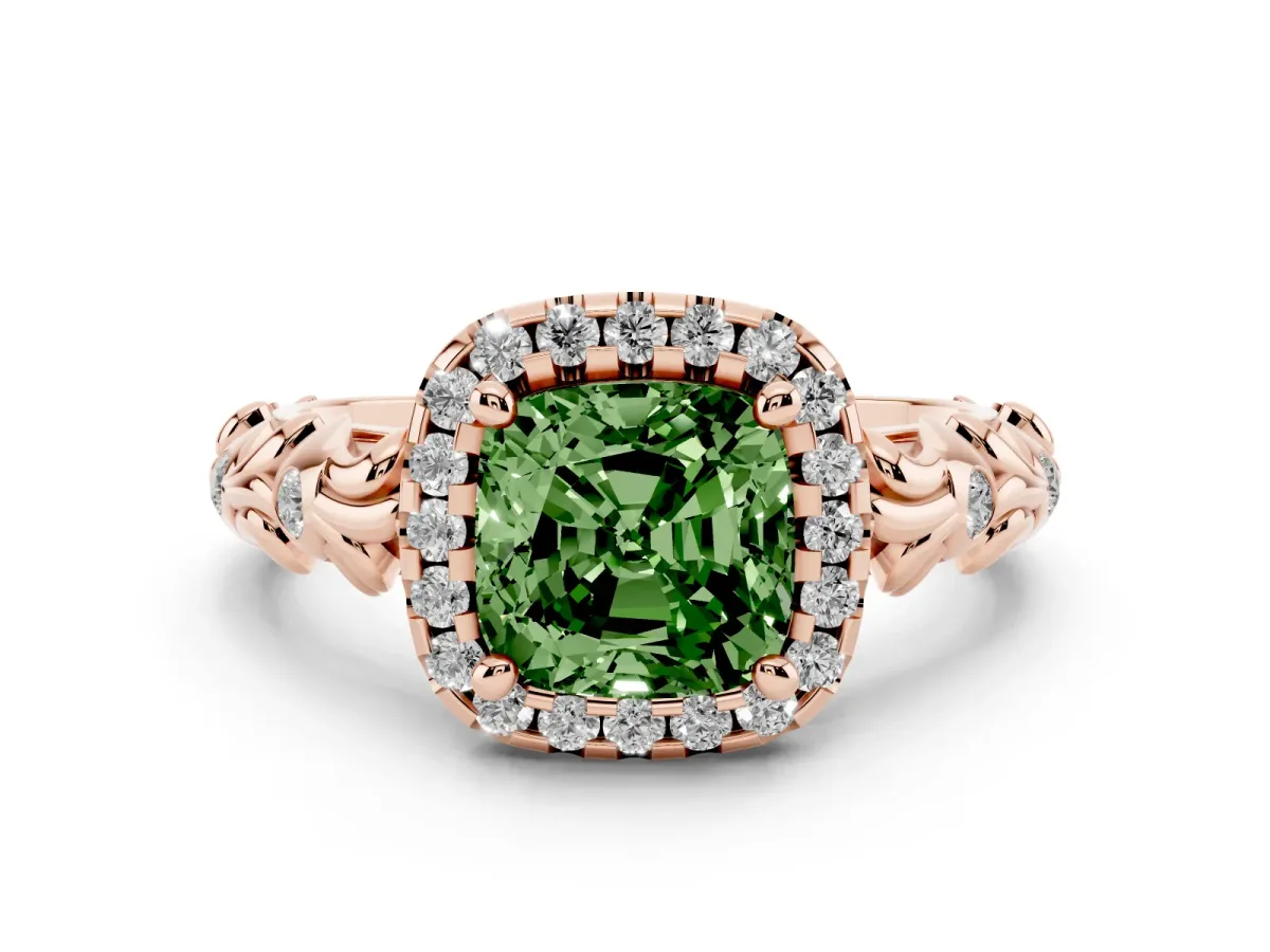 Fancy Green Cushion Cut Diamond Halo Ring Set in Rose gold with Filigree Leaf Band and Prong Setting
