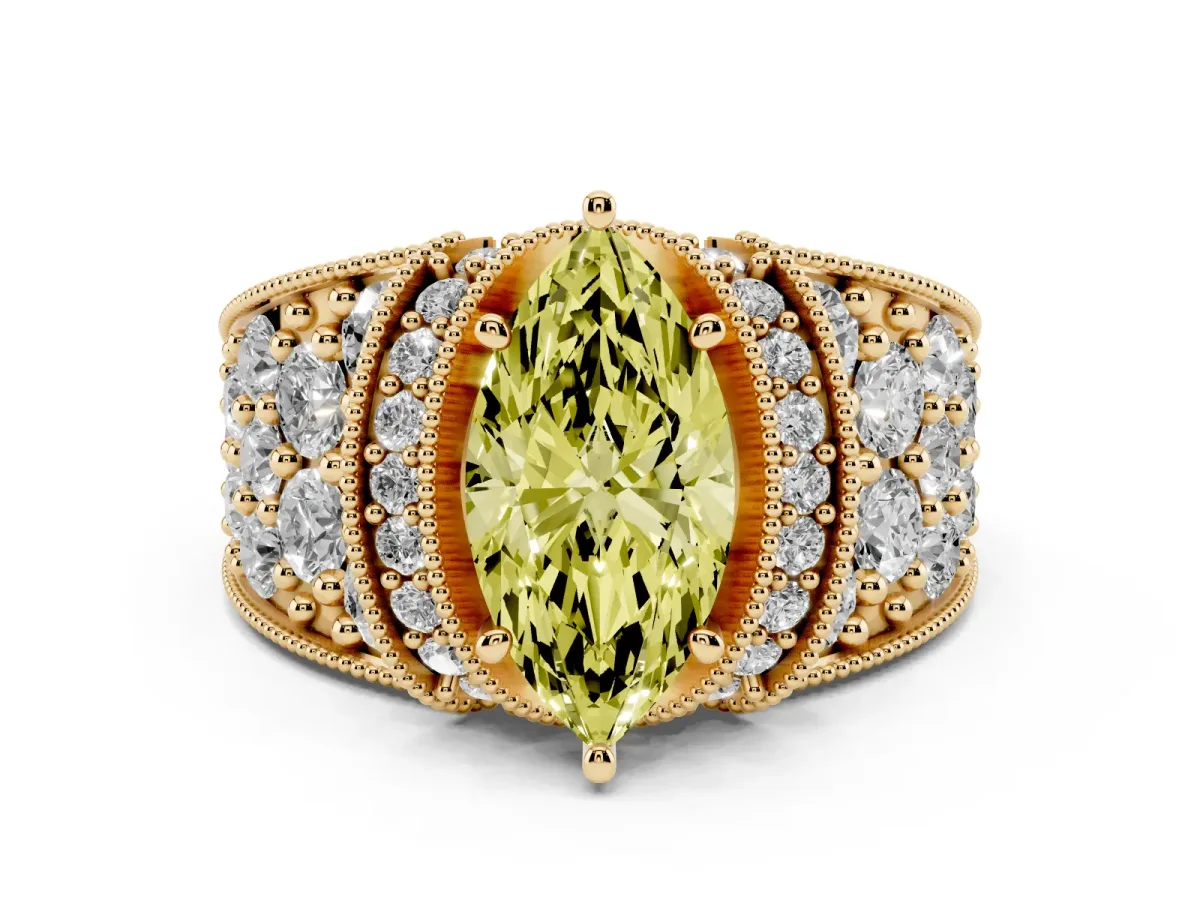 Fancy Yellow Marquise Cut Diamond Milgrain Halo Pavé Engagement Ring Set in Yellow gold with Prong Setting