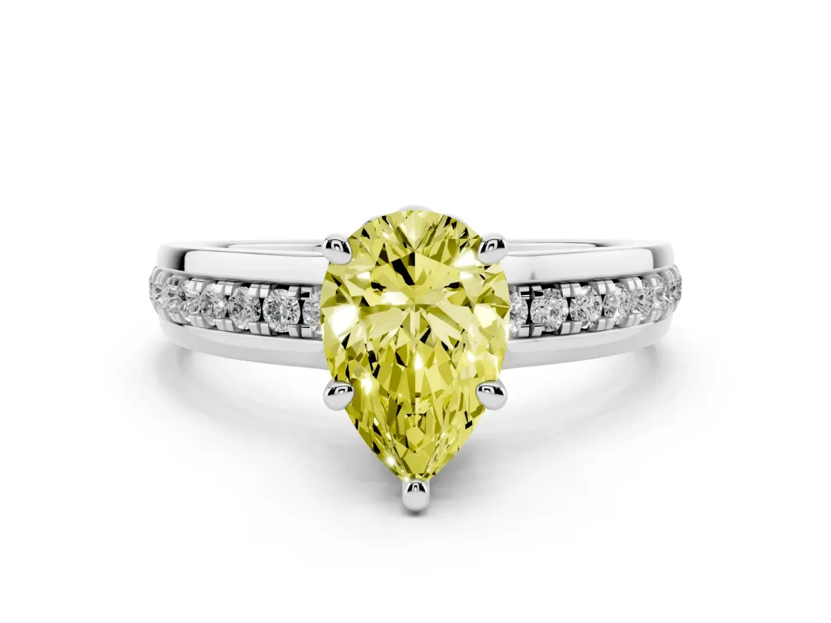 Fancy Yellow Pear Cut Diamond Solitaire Ring Set in Platinum with Channel Set Band and Prong Setting
