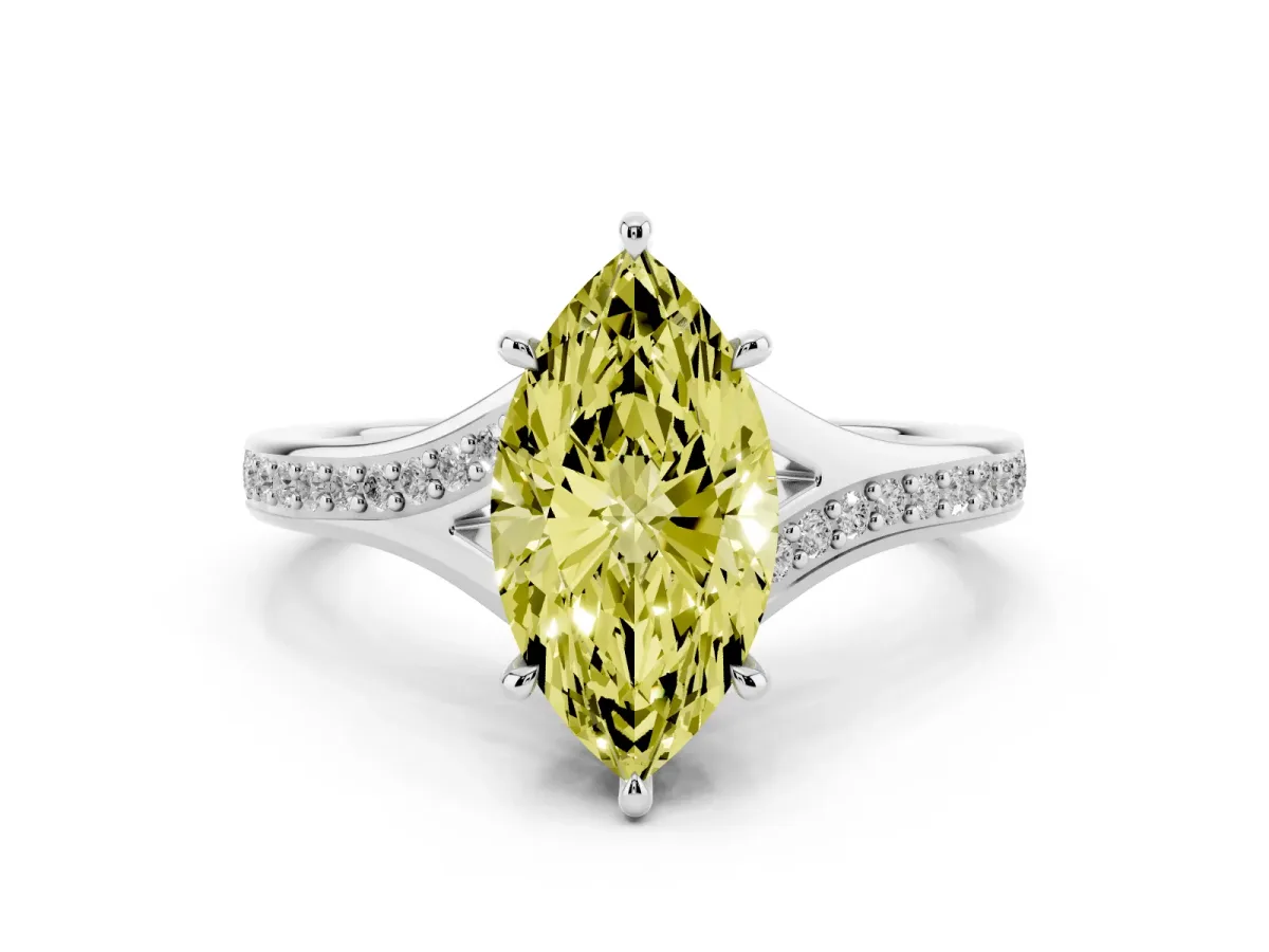 Fancy Yellow Marquise Cut Diamond Solitaire Ring Set in White gold with Pavé Accent Band and Classic Prong Setting