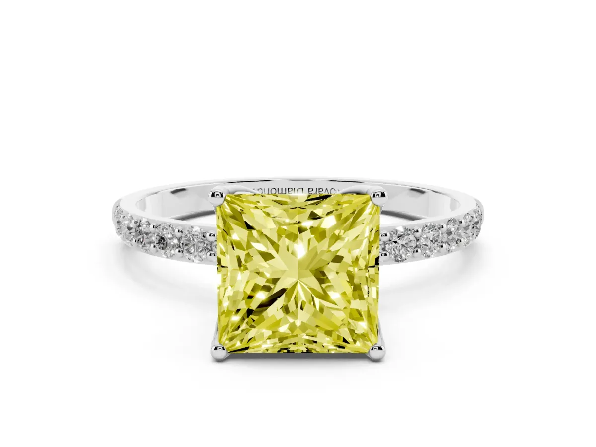 Fancy Yellow Princess Cut Diamond Solitaire Engagement Ring Set in Platinum with Round Pavé Band and Prong Setting