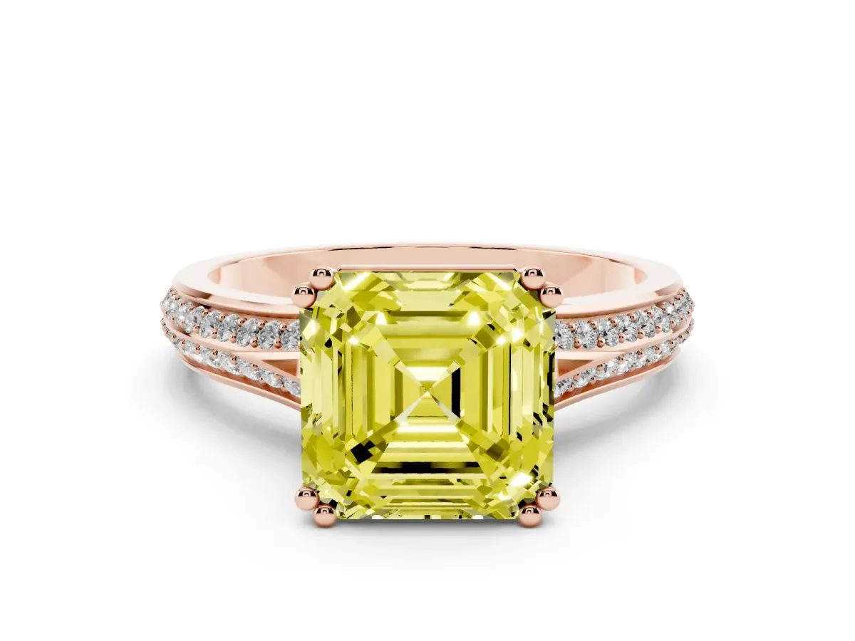 Fancy Yellow Asscher Cut Diamond Split Shank Pavé Engagement Ring Set in Rose gold with Prong-Set Center Stone