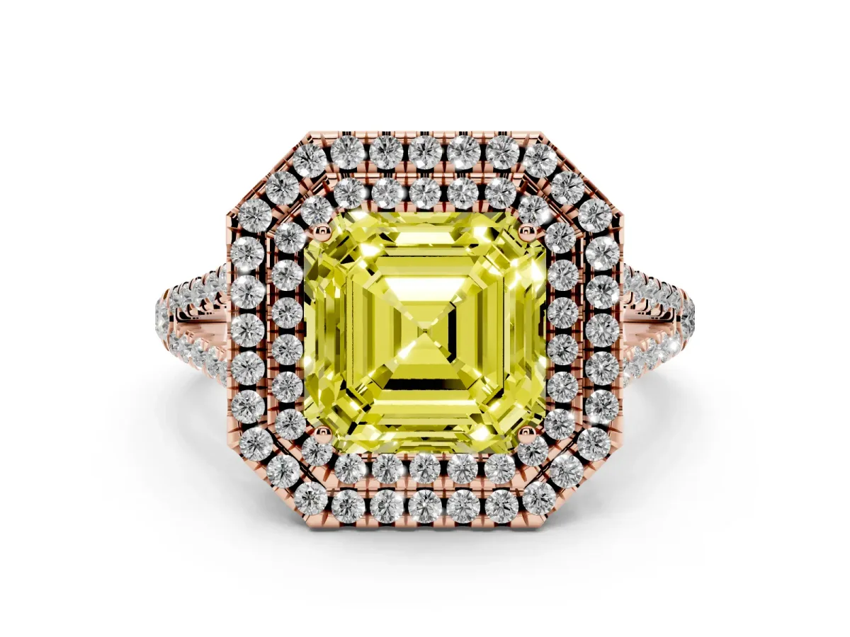 Fancy Yellow Asscher Cut Diamond Double Halo Ring Set in Rose gold with Pavé Band
