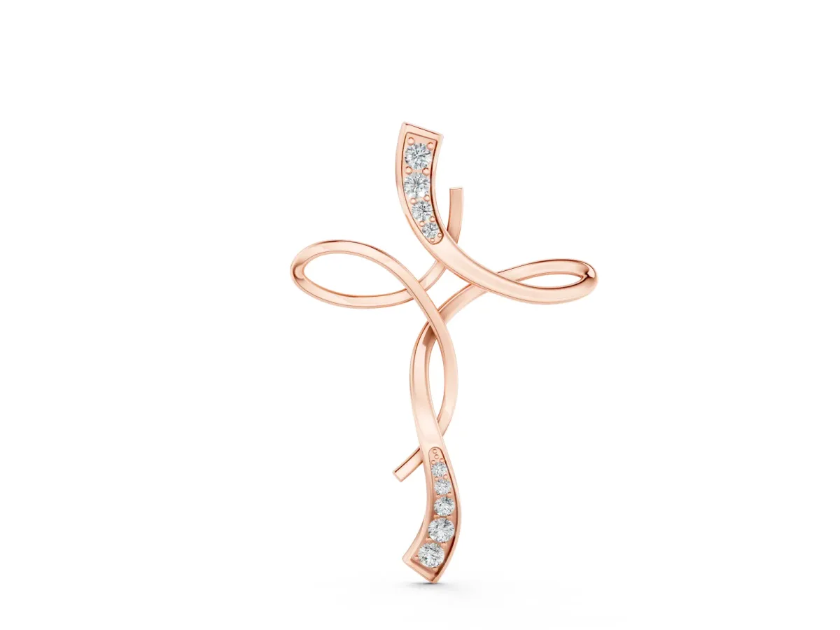 Pavé Round Diamond Twist Cross Pendant Set in Rose gold with Prong Setting