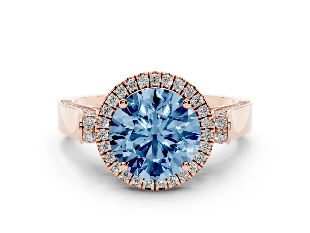 Fancy Blue Round Cut Diamond Halo Ring Set in Rose gold with Pavé-Lined Split Shank Band