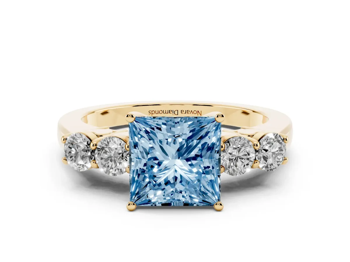 Fancy Blue Princess Cut Diamond Five-Stone Prong Set Band Ring Set in Yellow gold with Polished Band