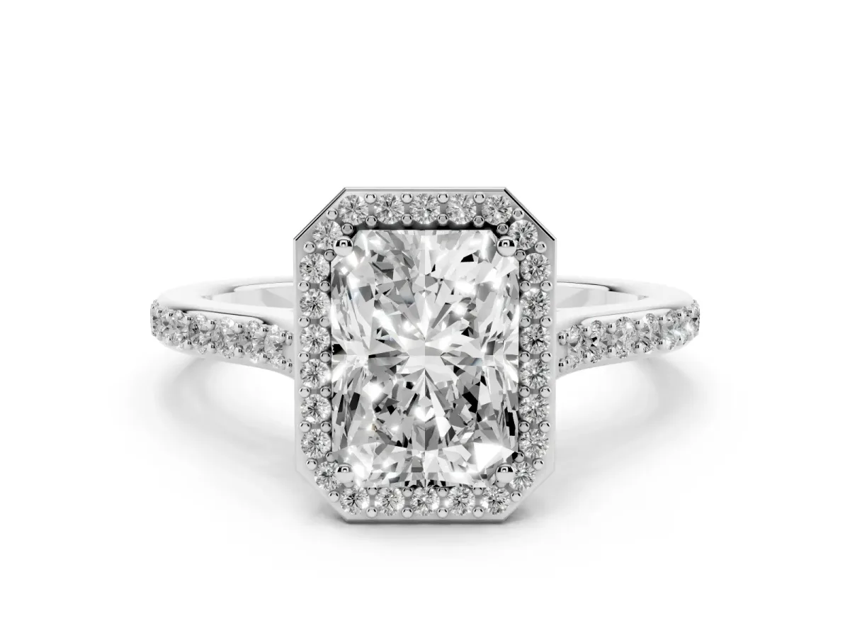 Radiant Cut Diamond Halo Engagement Ring Set in Silver with Round Pavé Shoulders and Heart Gallery