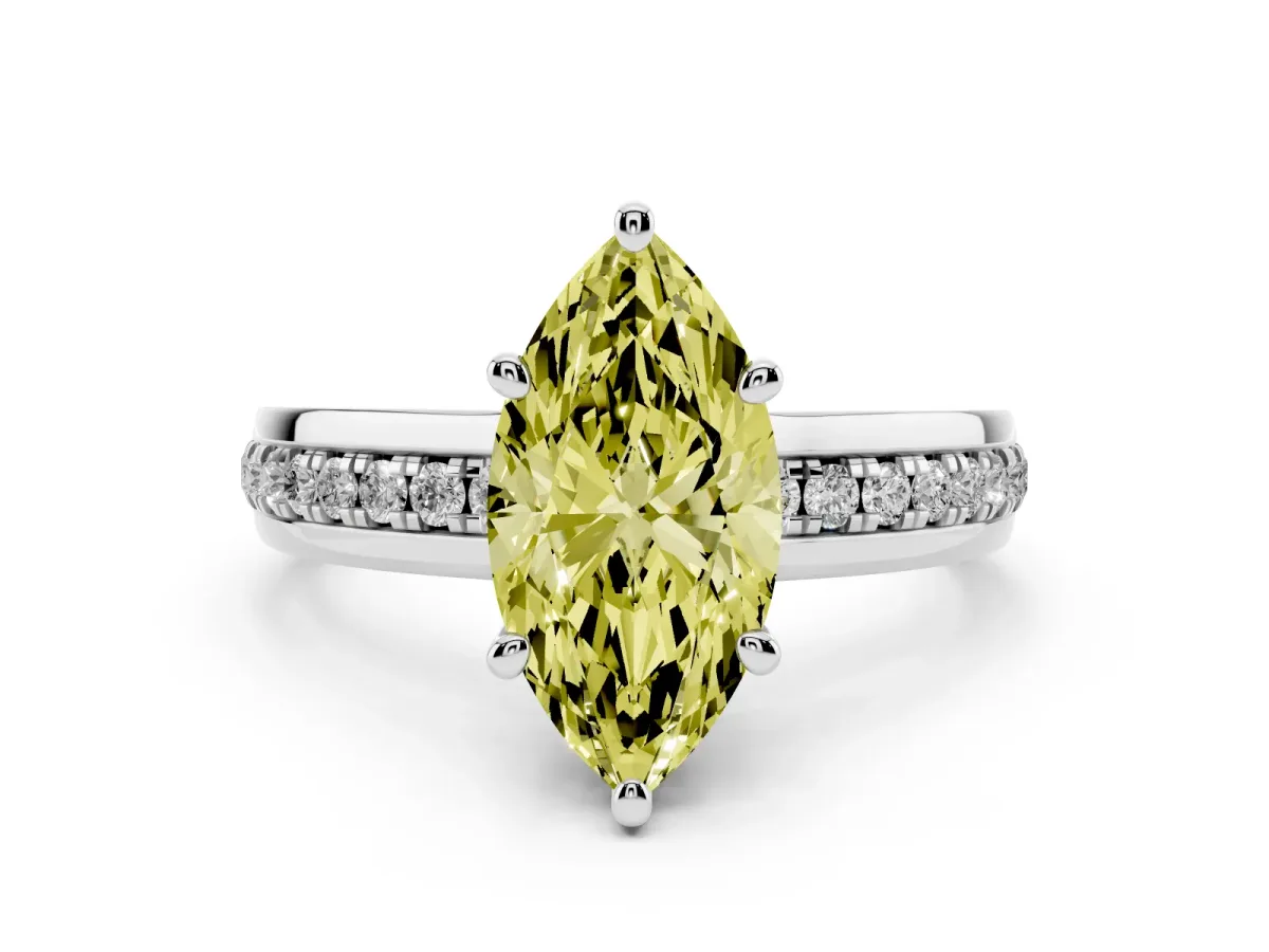 Fancy Yellow Marquise Cut Diamond Solitaire Ring Set in White gold with Channel Set Band and Prong Setting