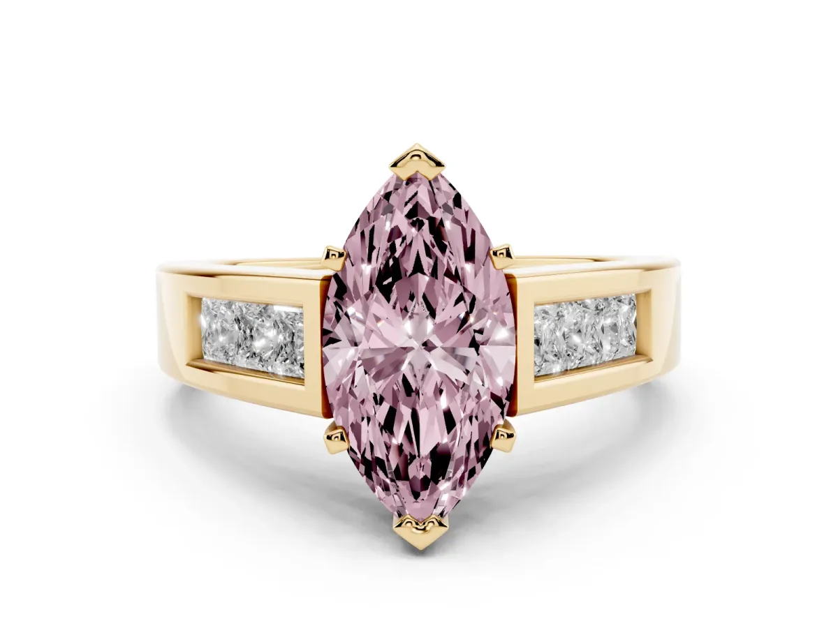 Fancy Pink Marquise Cut Diamond Solitaire Ring Set in Yellow gold with Channel-Set Accent Stones and Prong Setting