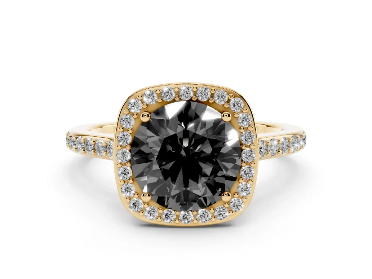 Fancy Black Round Cut Diamond Halo Engagement Ring Set in Yellow gold with Round Pavé Shoulders and Heart Gallery
