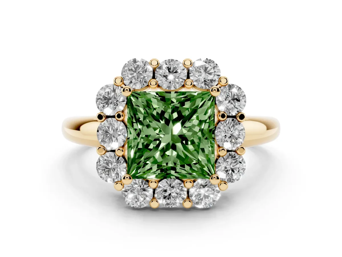 Fancy Green Princess Cut Diamond Milgrain Halo Solitaire Ring Set in Yellow gold with Bezel Set Side Stones and Pavé Band