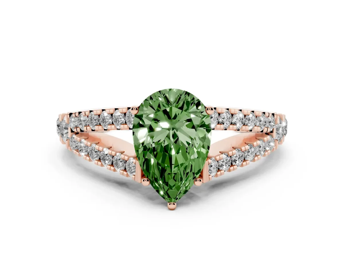 Fancy Green Pear Cut Diamond Split Shank Pavé Engagement Ring Set in Rose gold with Prong-Held Center Stone