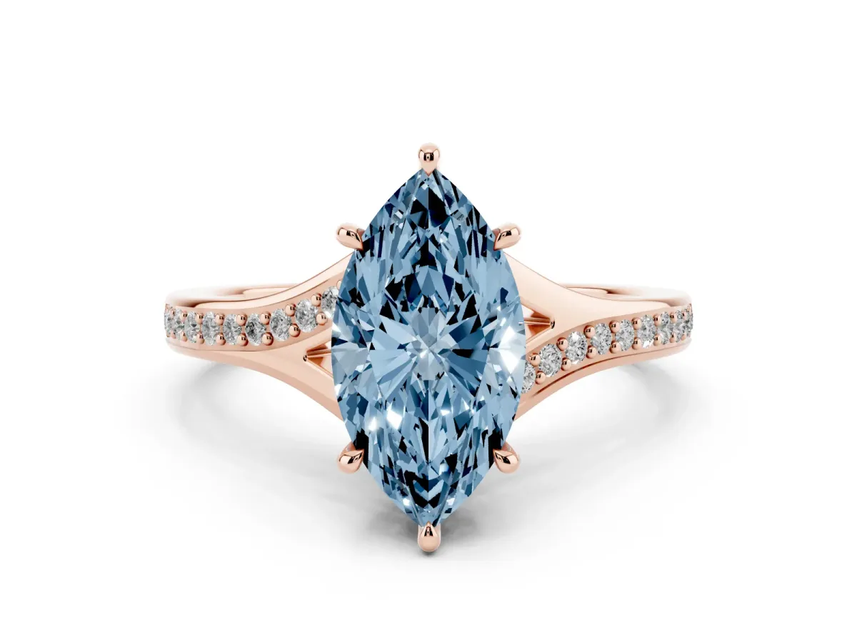 Fancy Blue Marquise Cut Diamond Solitaire Ring Set in Rose gold with Pavé Accent Band and Classic Prong Setting