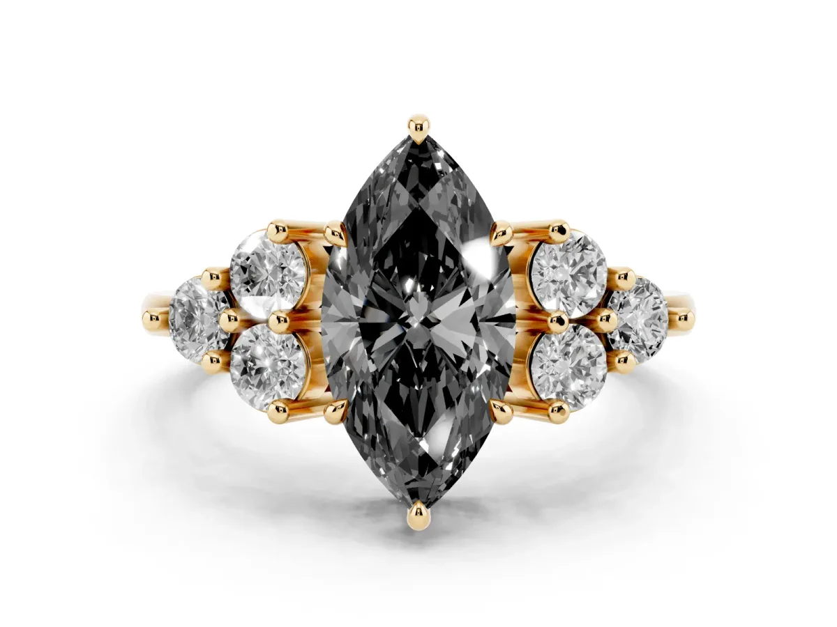 Fancy Black Marquise Cut Diamond Solitaire Ring Set in Yellow gold with Cluster Accents on Each Side
