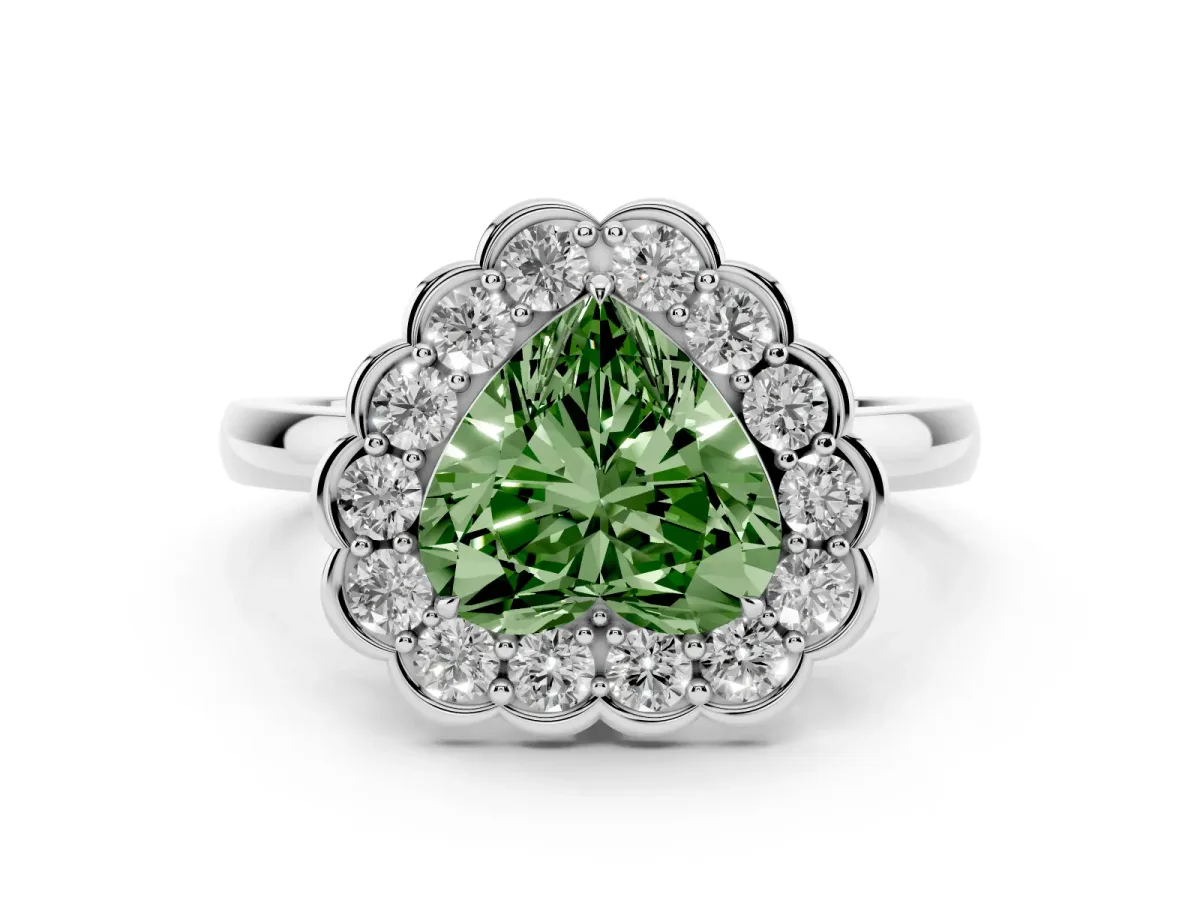 Fancy Green Heart Cut Diamond Halo Cluster Engagement Ring Set in Platinum with Solitaire Band and Prong Setting