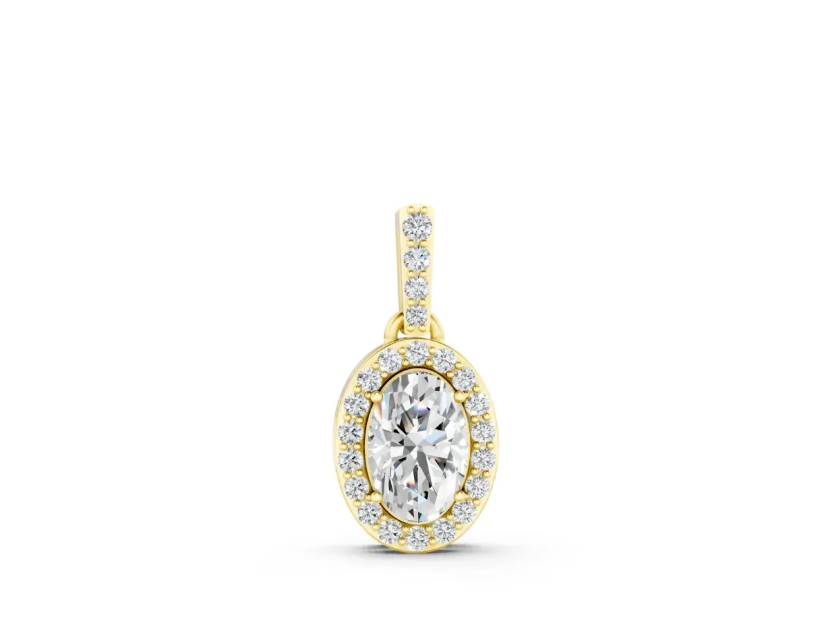 Oval Diamond Halo Pendant Set in Yellow gold with Pavé Prong Setting
