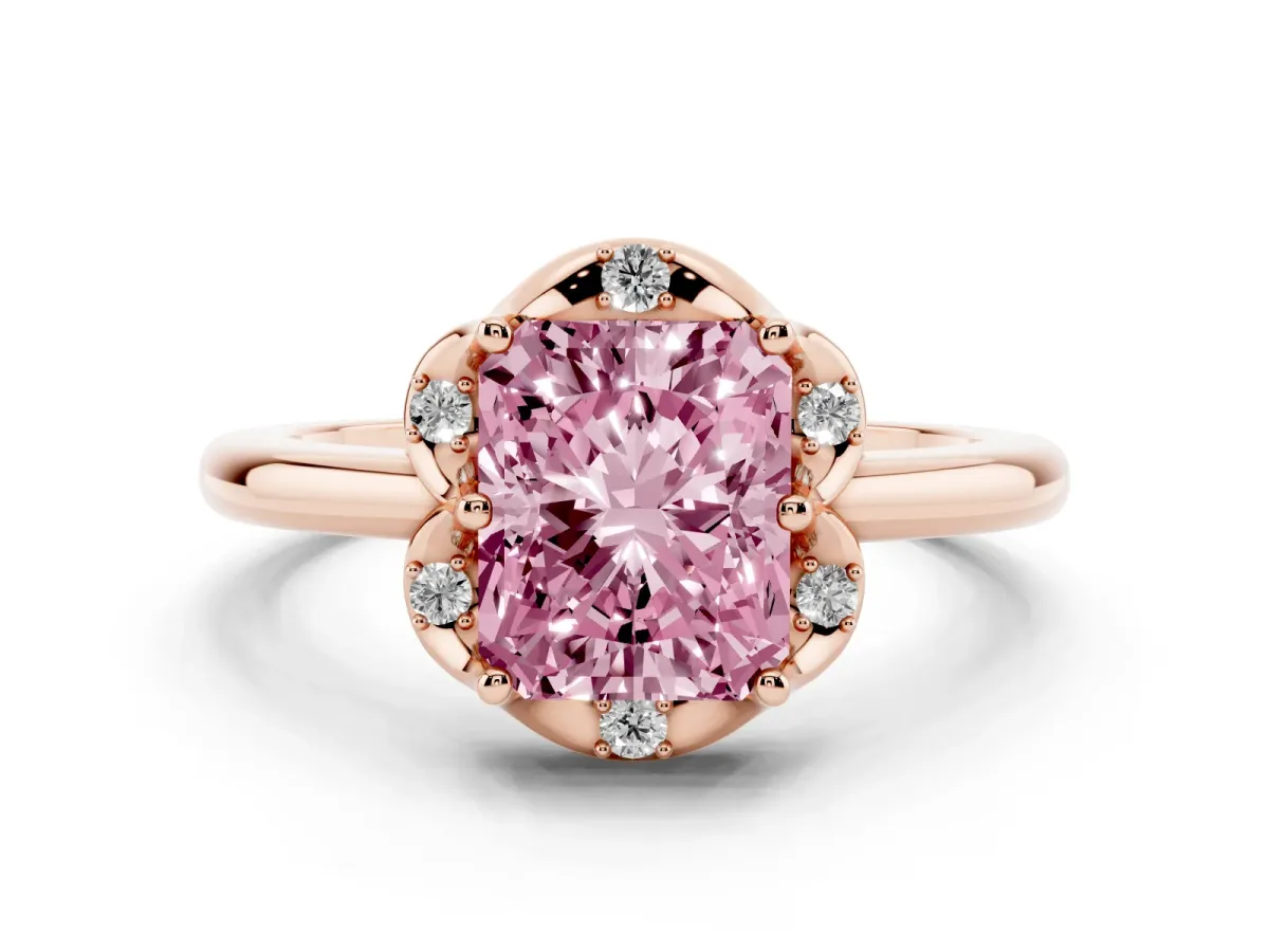 Fancy Pink Radiant Cut Diamond Round Cluster Halo Ring Set in Rose gold with Solitaire Band and Prong Setting