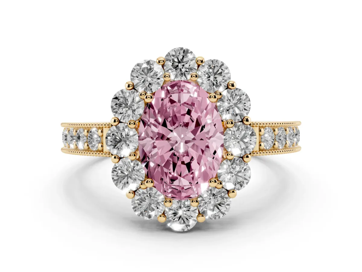 Fancy Pink Oval Cut Diamond Halo Pavé Engagement Ring Set in Yellow gold with Milgrain Detailing