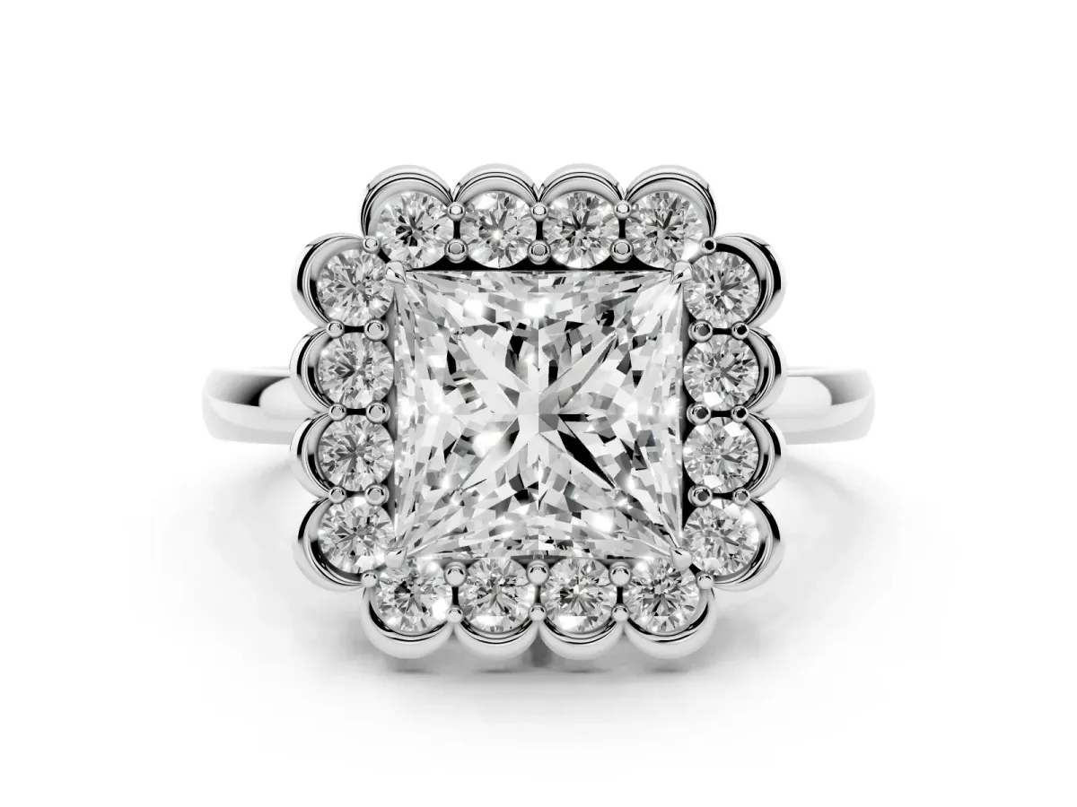 Princess Cut Diamond Halo Cluster Engagement Ring Set in White gold with Solitaire Band and Prong Setting