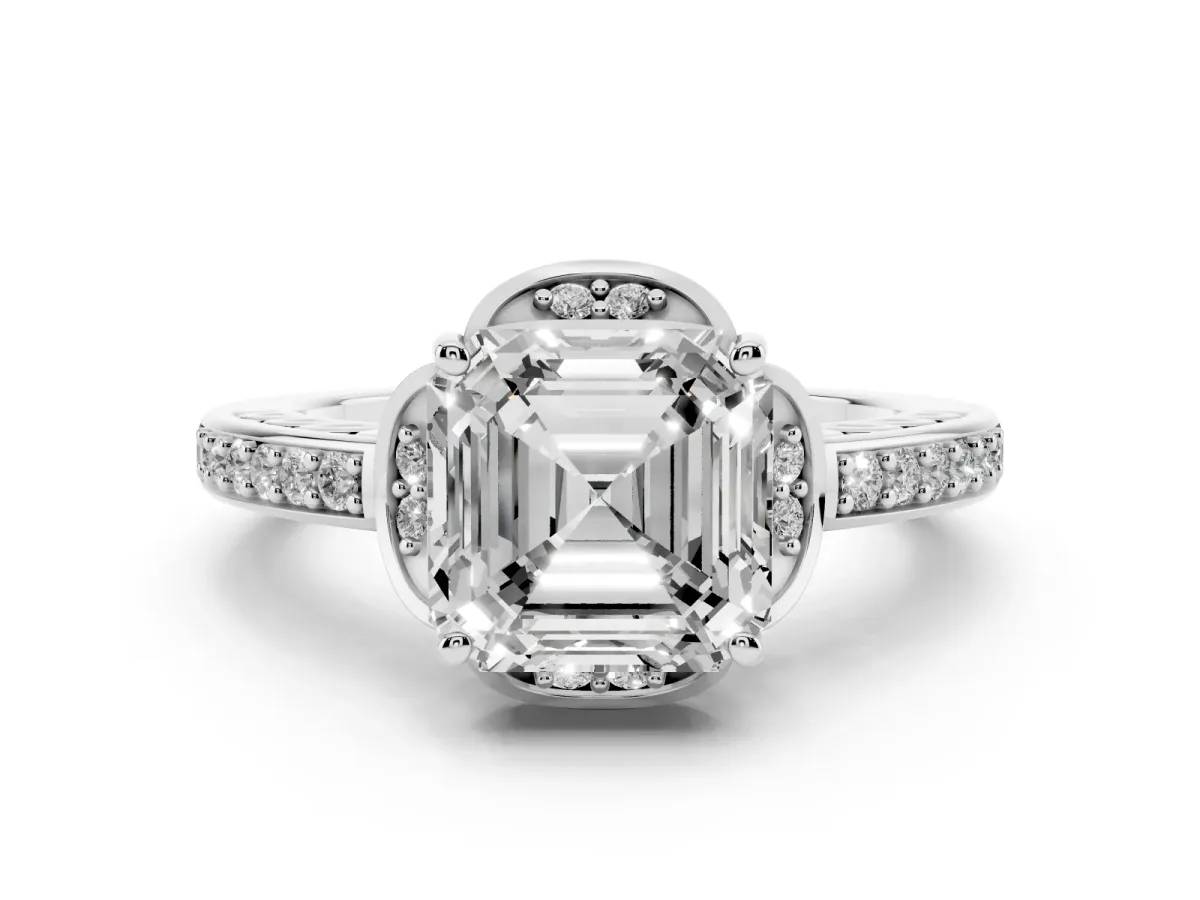 Asscher Cut Diamond Halo Ring Set in White gold with Channel Set Band and Prong Setting