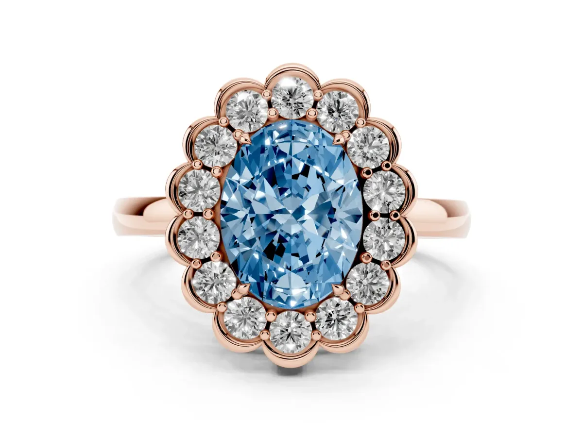 Fancy Blue Oval Cut Diamond Halo Cluster Engagement Ring Set in Rose gold with Solitaire Band and Prong Setting