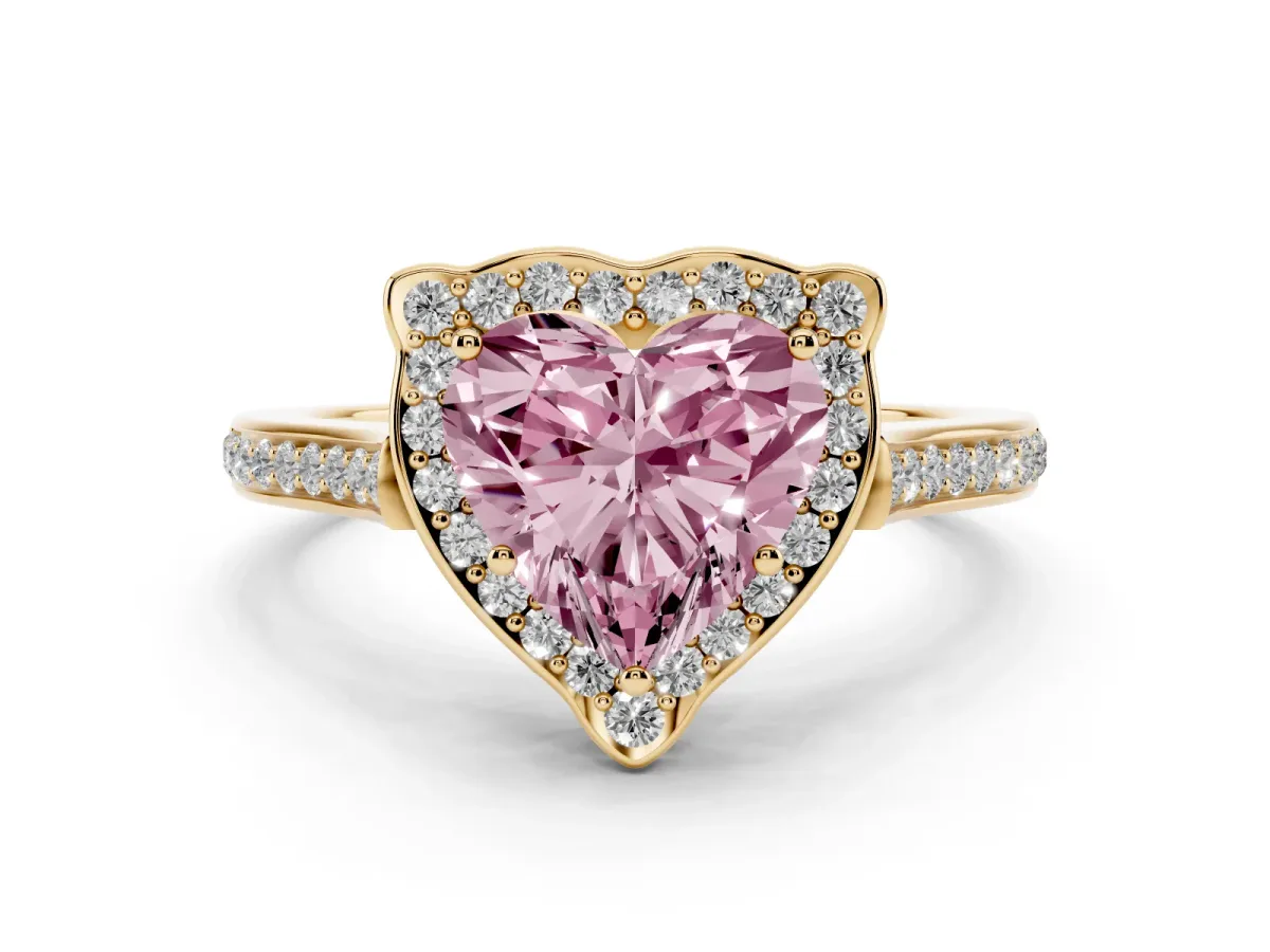 Fancy Pink Heart Cut Diamond Halo Ring Set in Yellow gold with Pavé-Lined Shoulders and Prong Setting