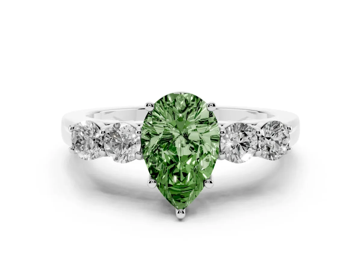 Fancy Green Pear Cut Diamond Five-Stone Prong Set Band Ring Set in Silver with Polished Band