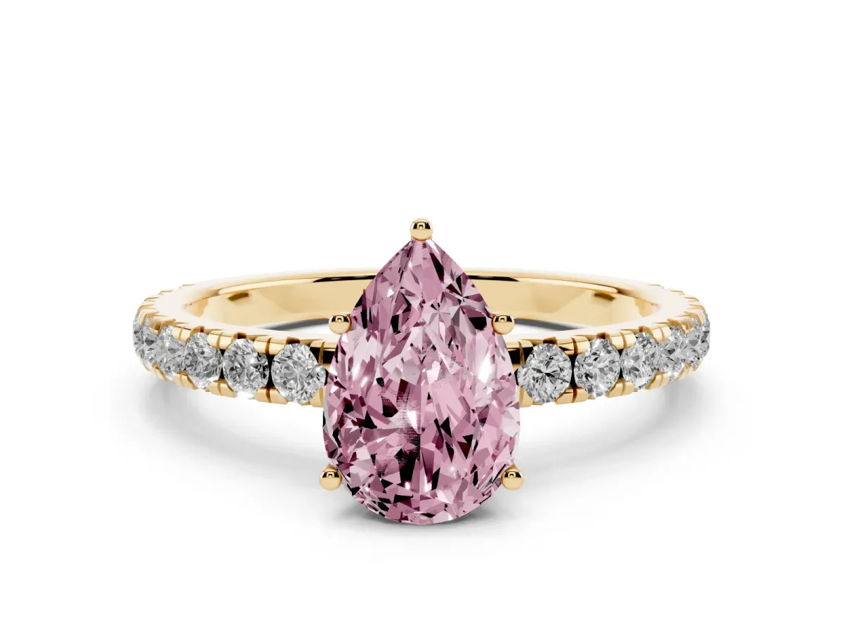 Fancy Pink Pear Cut Diamond Pavé Solitaire Engagement Ring Set in Yellow gold with Prong Setting