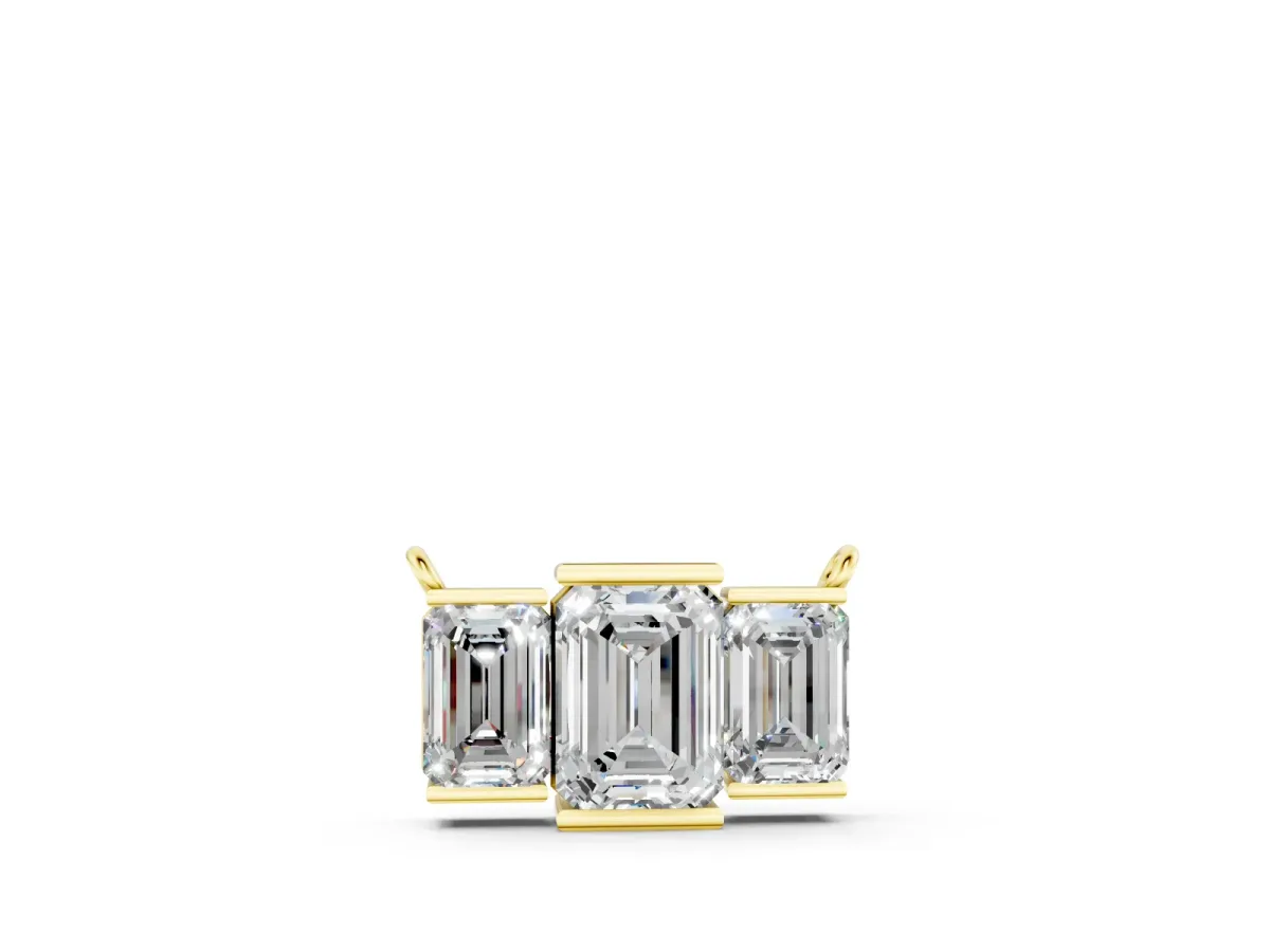 Emerald Cut Three-Stone Bar Pendant Set in Yellow gold with Bar Prong Setting