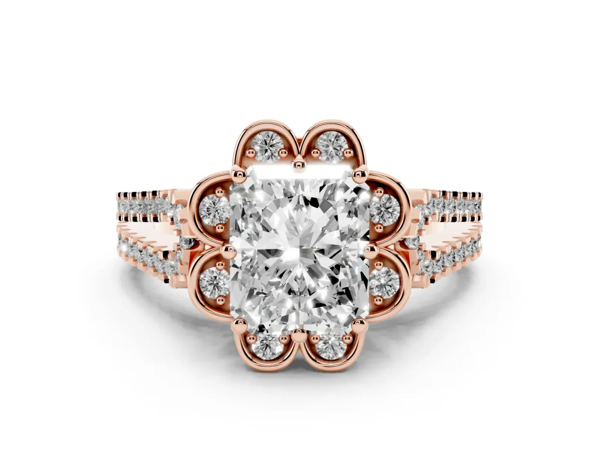 Radiant Cut Diamond Floral Halo Split Shank Engagement Ring Set in Rose gold with Pavé Shank