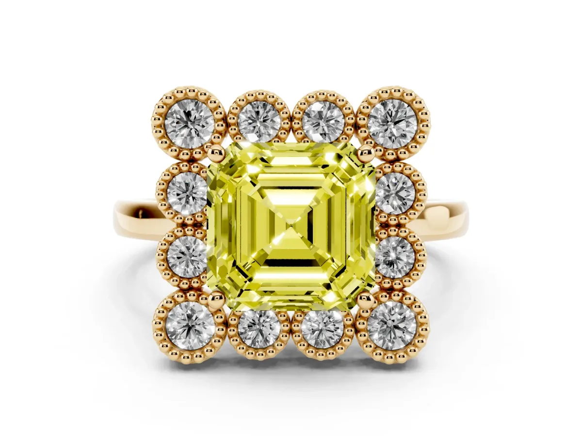 Fancy Yellow Asscher Cut Diamond Cluster Halo Ring Set in Yellow gold with Milgrain Bezel Accents and Plain Band