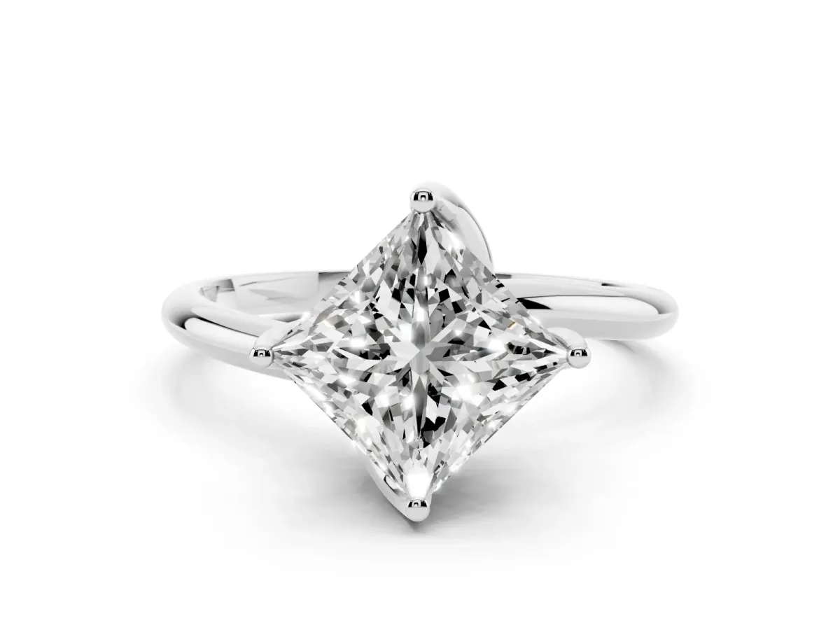 Princess Cut Diamond Solitaire Engagement Ring Set in Platinum with Classic Plain Band