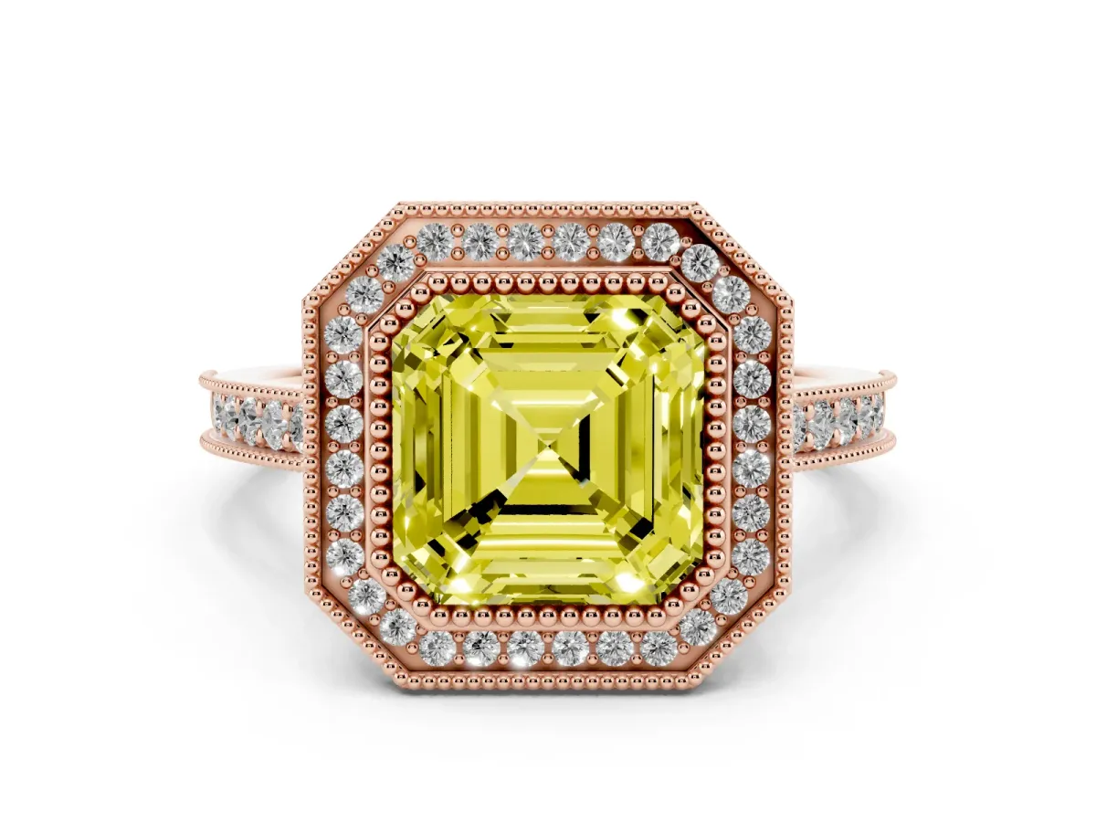 Fancy Yellow Asscher Cut Diamond Halo Milgrain Pavé Band Ring Set in Rose gold with Prong Setting