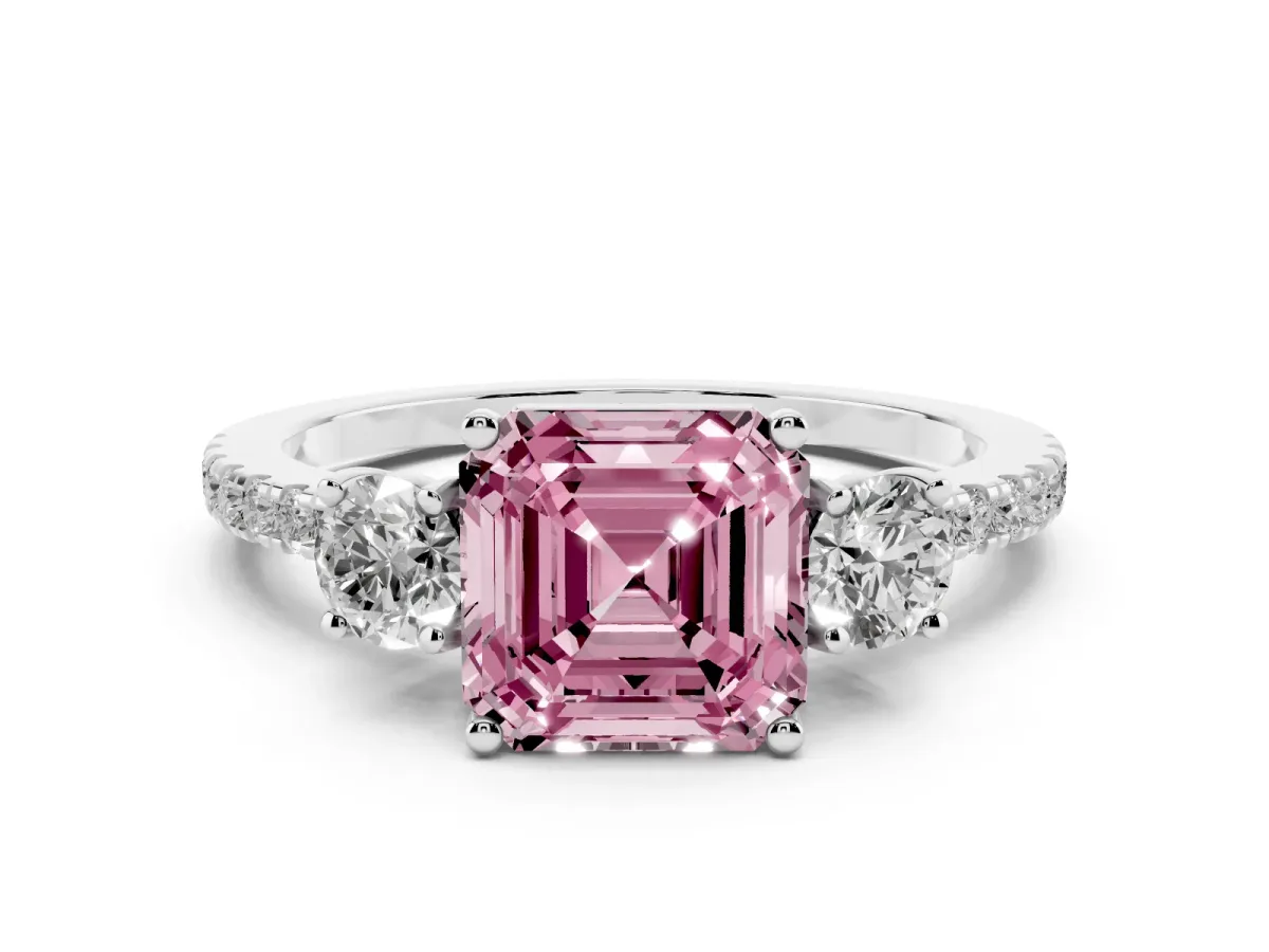 Fancy Pink Asscher Cut Diamond Three-Stone Ring Set in Platinum with Pavé Band and Graduated Sides