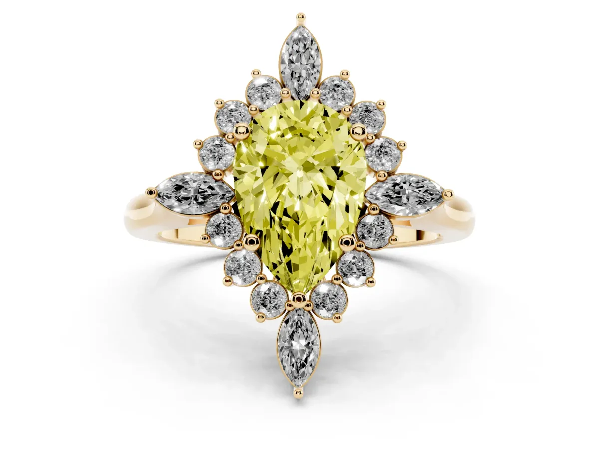 Fancy Yellow Pear Cut Diamond Cluster Halo Ring Set in Yellow gold with Marquise and Round Accents
