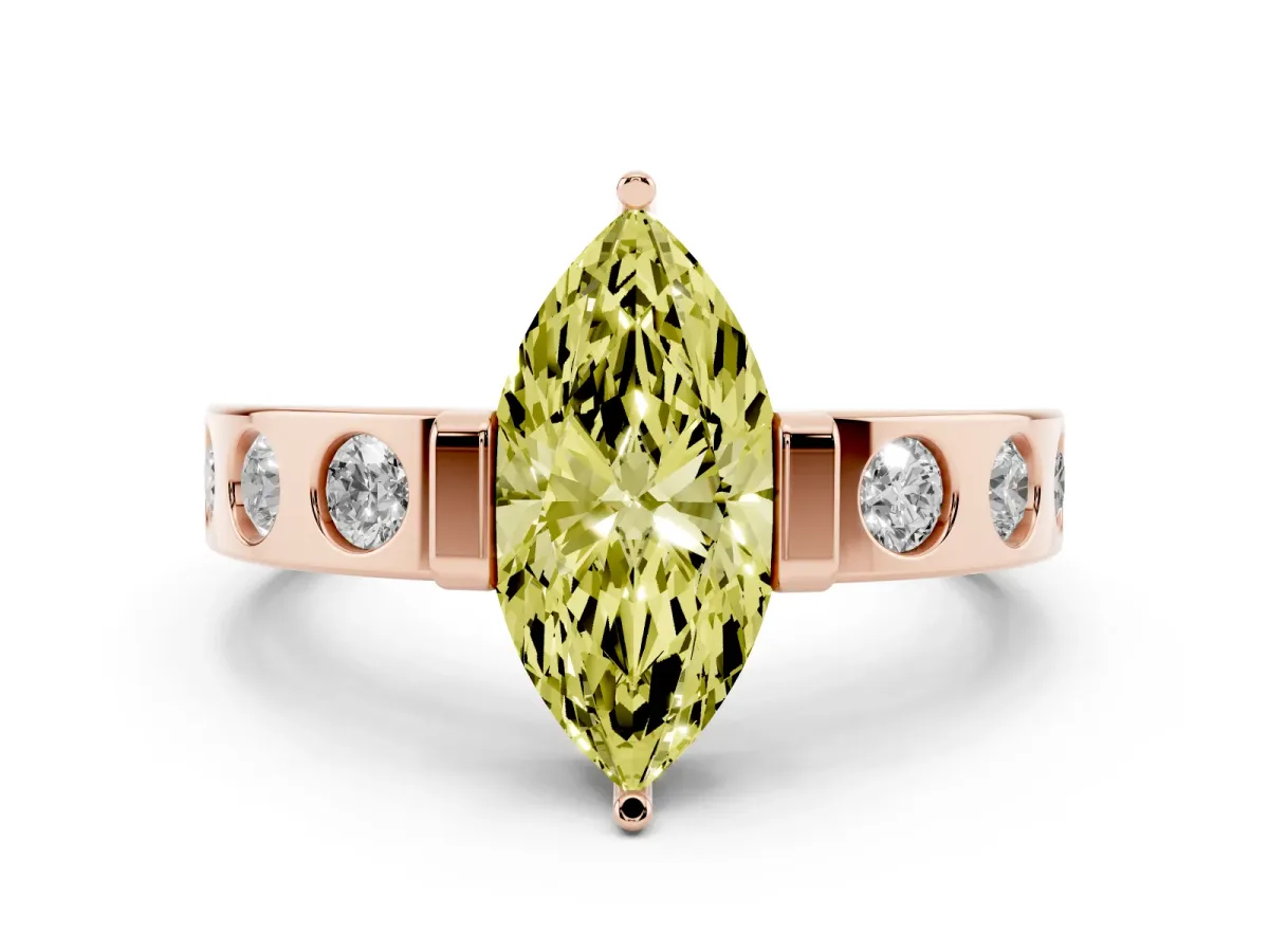 Fancy Yellow Marquise Cut Diamond Channel-Set Band Ring Set in Rose gold with Bezel Prong Setting